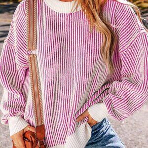 Hot Pink Casual Women's Striped Long Sleeved Round Neck Loose Pullover top